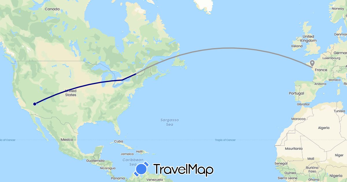 TravelMap itinerary: driving, plane in Canada, France, United States (Europe, North America)